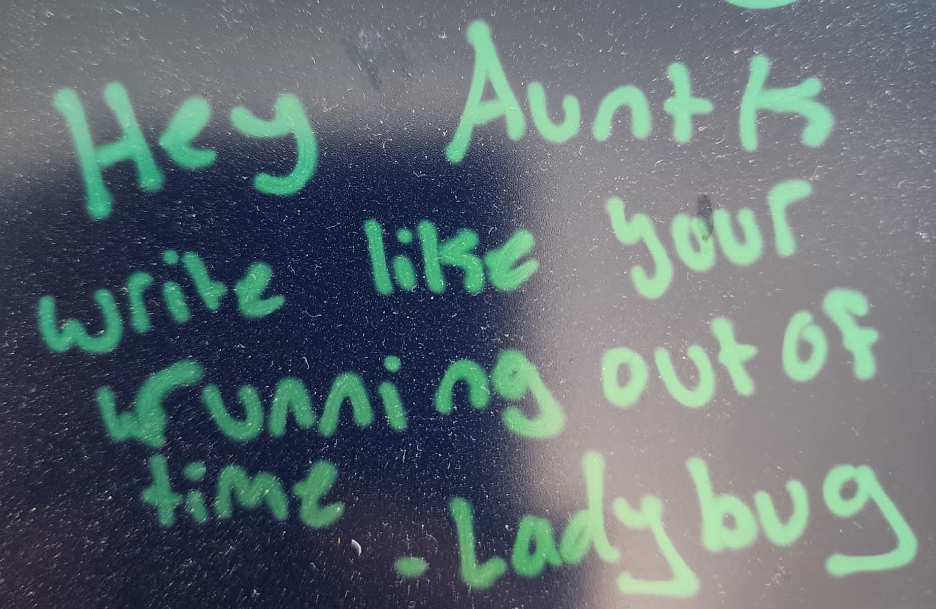 Refreshment given to my by a niece which says, "Hey, Aunt K. Write like your running out of time. - Ladybug"